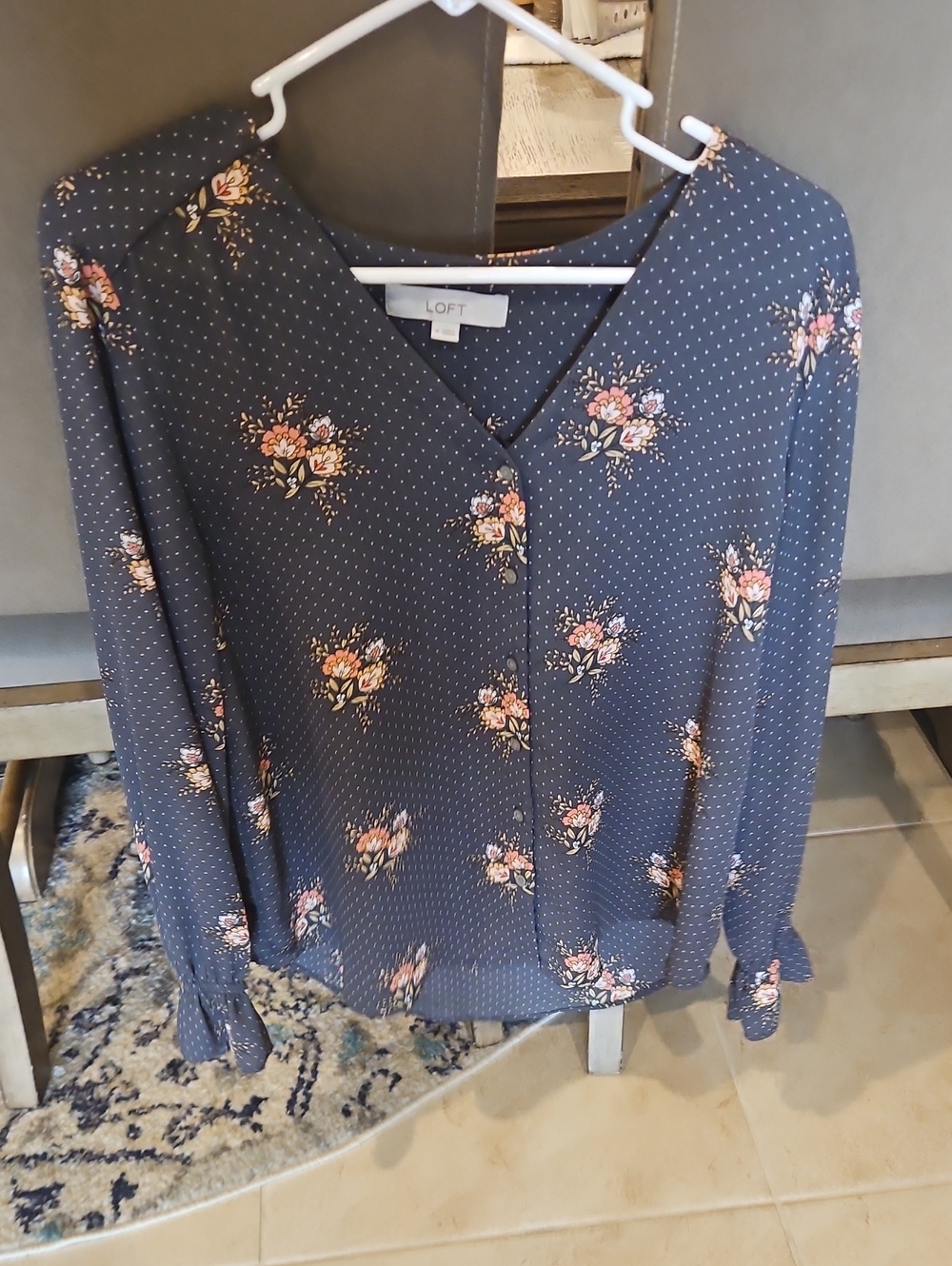 LOFT Navy Floral V-Neck Blouse with Pink Accents